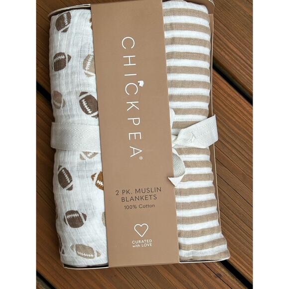 Chick Pea Football And Stripes Cotton Muslin Baby  Swaddling Blankets 2 pk  New - Picture 1 of 4